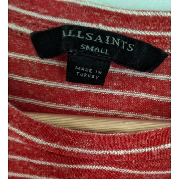 All Saints Mazzy Devo Red White Striped Tee Slit Twist Sleeves - Picture 5 of 7